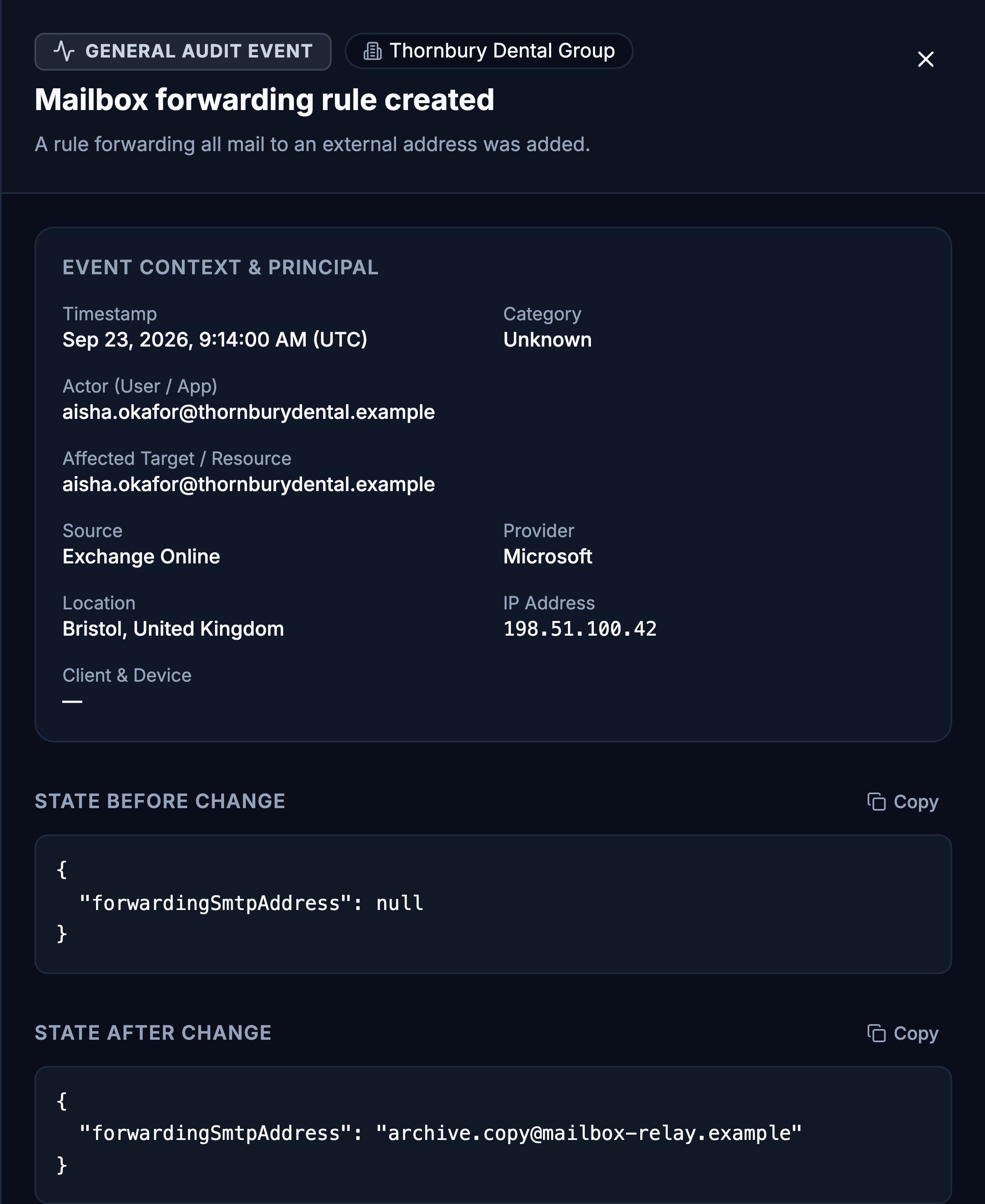 The selected change opened: event context with the timestamp, actor, affected target and source, then the state before and after the change as supplied by Microsoft